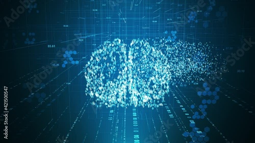 Digital network technology deep learning animation concept. Abstract coding digit brain perspective motion graphic seamless looping grid background.
