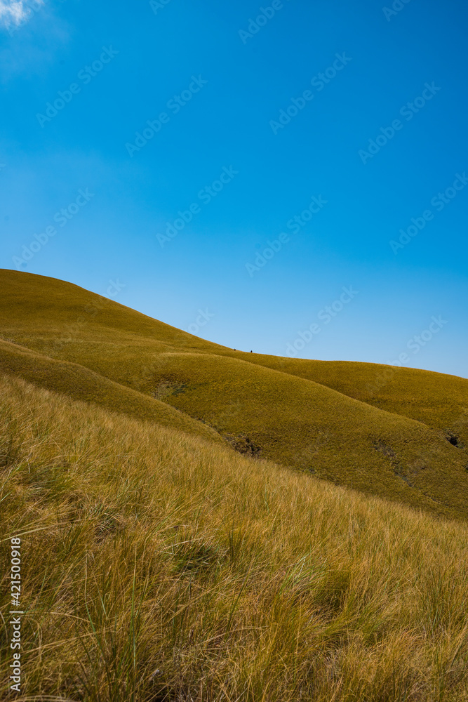 Minimalist scene of hills against a blue sky in the Drakensburg, South Africa. October 2019