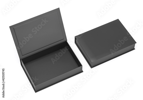 Black blank hard cardboard rectangular book box mock up template for branding presentation, 3d render