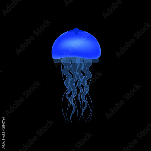 Blue jellyfish on a black background. Vector illustration.
