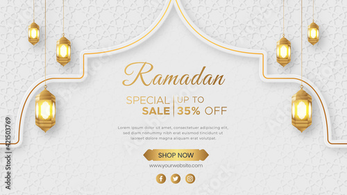 Ramadan Kareem Luxury Sale Banner Islamic Ornament Lantern Background, Ramadan sale social media post