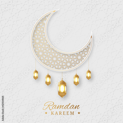 Ramadan Kareem Arabic Islamic Elegant White and Golden Luxury Ornamental Background with Islamic Pattern and Decorative Lantern Ornament Border Frame