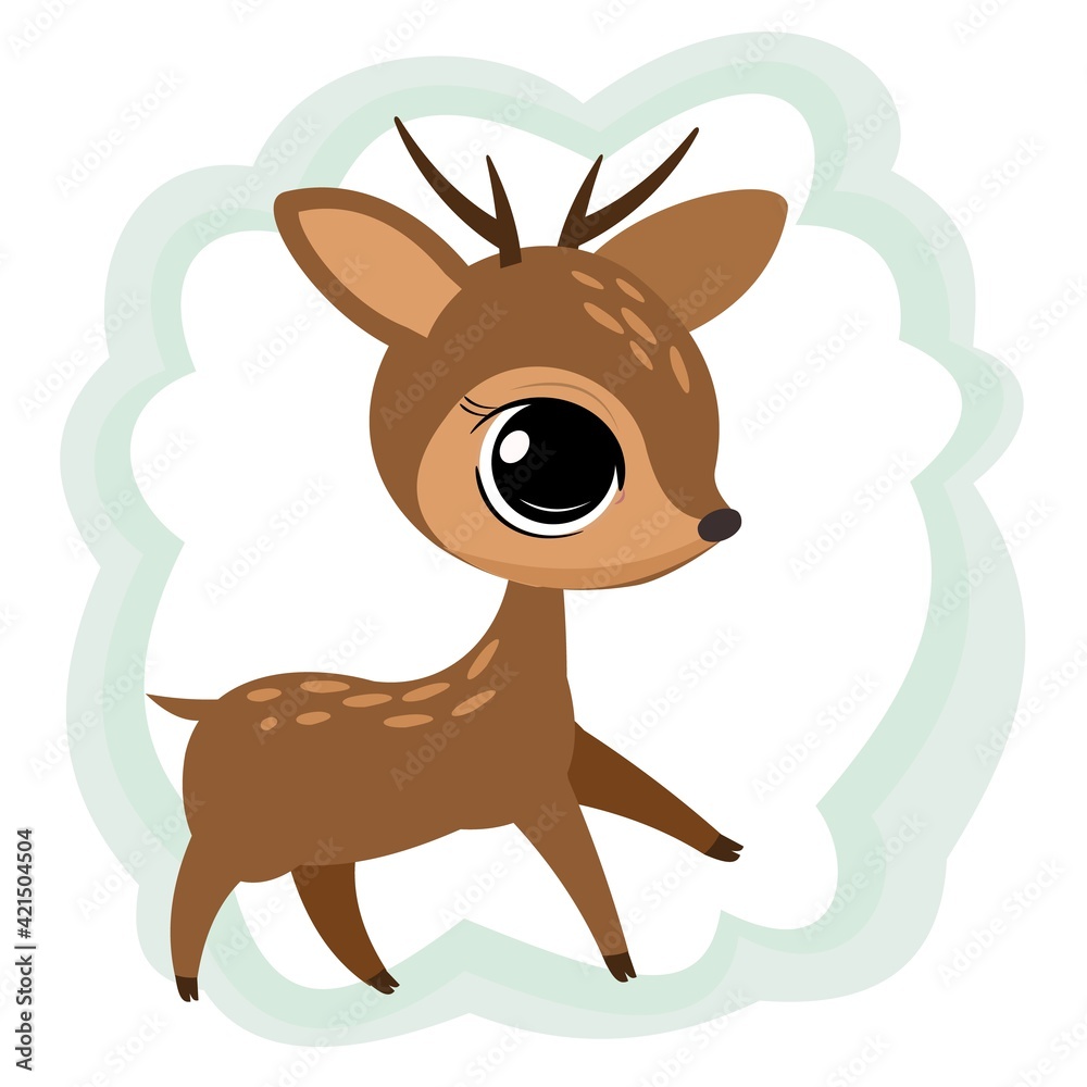 Little cub of a fawn with horns. Isolated object on a white background. Cheerful kind animal child. Cartoons flat style. Funny. Vector Little cub of a fawn with horns. Isolated object on a white background. Cheerful kind animal child. Cartoons flat style. Funny. Vector