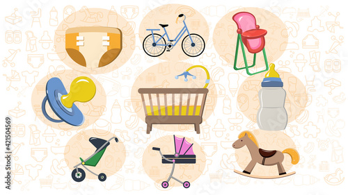 Baby dummy diaper nipple toys cradle flat icon set