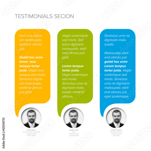 Light Testimonial reviews section layout template with vertical speech bubbles photo