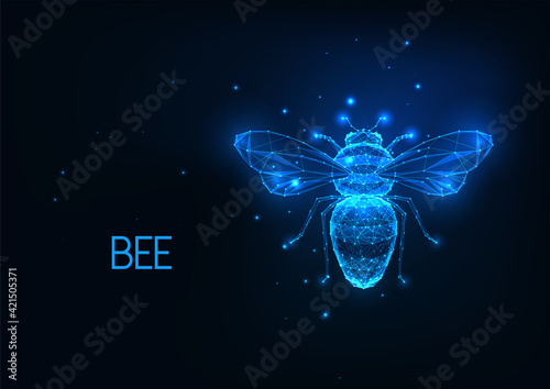 Futuristic glowing low polygonal honey bee isolated on dark blue background