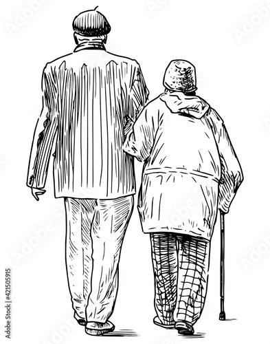 Freehand drawing of couple old people walking for a stroll together