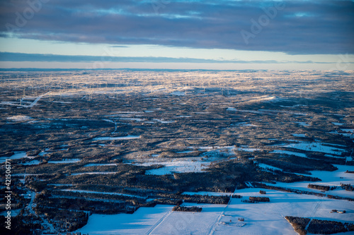 Aerial photo of wind farm in winter