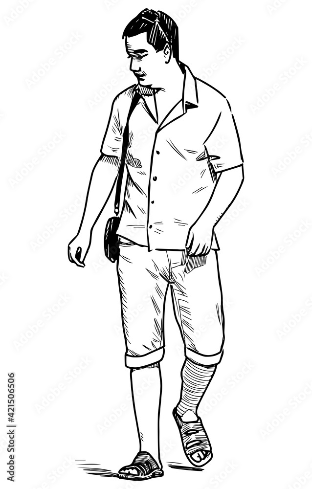 Sketch of casual townsman walking outdoors on summer day Sketch of casual townsman walking outdoors on summer day
