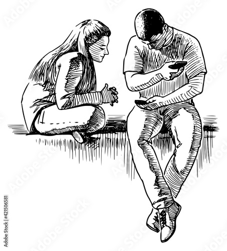 Sketch of couple young people with smartphones sitting together outdoors