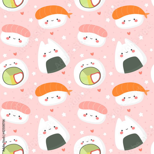 Sushi Seamless Pattern, Cute and Kawaii Sushi Character Illustration, Onigiri and Nigiri vector background