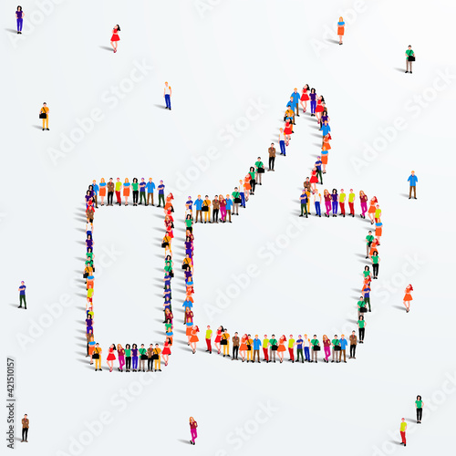 Large group of people in the shape of like sign. Social network concept. Vector illustration