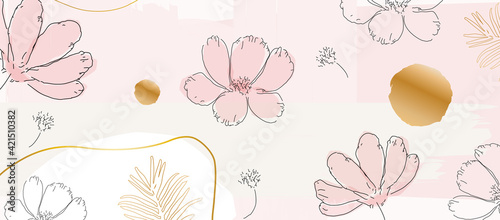 Flowers poster background, nature inspired, soft colors, elegant floral line art print. Botanical decorative design, vector illustration for beauty and natural products, spa, wellness, fabric, fashion