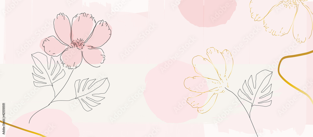 Flowers poster background, nature inspired, soft colors, elegant floral line art print. Botanical decorative design, vector illustration for beauty and natural products, spa, wellness, fabric, fashion