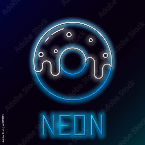 Glowing neon line Donut with sweet glaze icon isolated on black background. Colorful outline concept. Vector