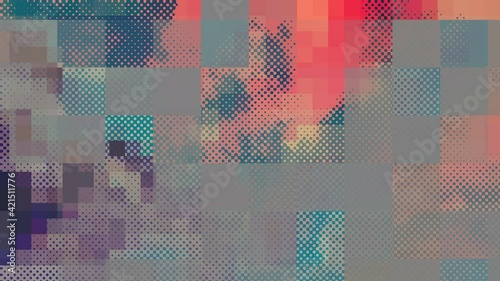 Clouds moving as a dot grid and in a mosaic with different tiles. 4K decorative animation in soft and bright colors. Looped seamless.