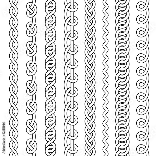 Set of black and white seamless borders. Outline vector illustration