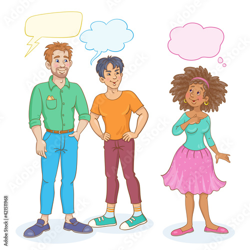 Two young men and a beautiful woman are standing and talking. Different nationalities. Picture with speech bubbles. Place for text. In cartoon style. Isolated on white. Vector illustration.