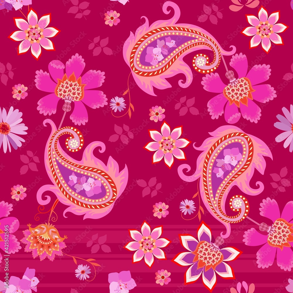 Fototapeta premium Beautiful seamless pattern with flowers and paisley. Indian, persian motifs. Print for fabric, textile, wrapping.