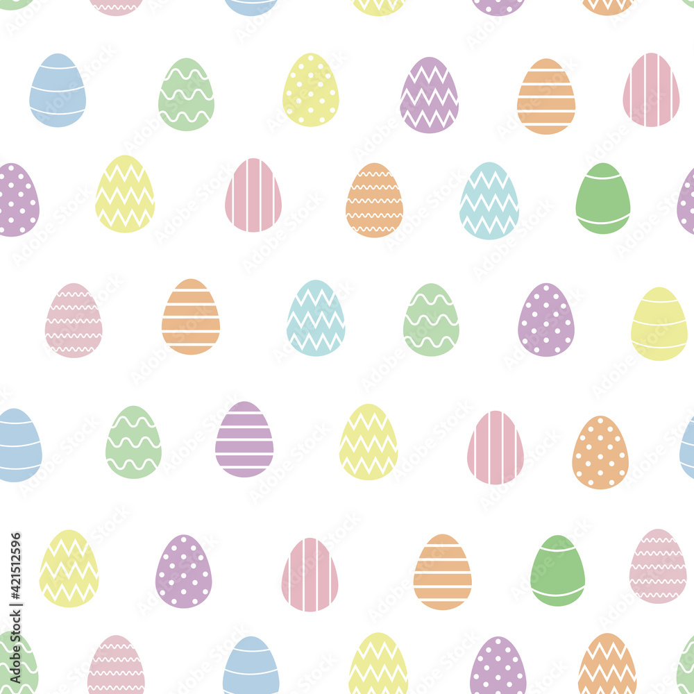 A seamless pattern of Easter eggs of pastel colors on a white background. Eggs in a flat style of pink, blue, green, yellow and purple. Pattern for postcards, wrapping paper, wallpaper, screensavers
