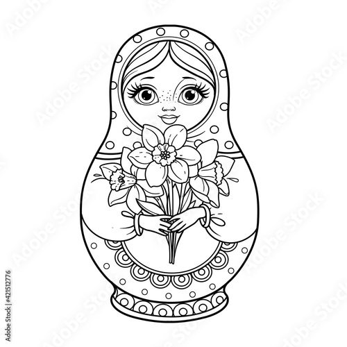 Russian traditional nest doll Matrioshka with a bouquet of daffodils in hand outline for coloring on white background