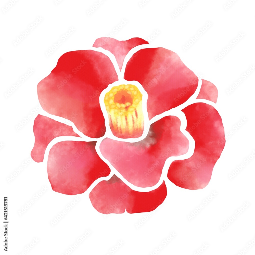 水彩風 鮮やかな赤色の椿の花 Stock Illustration Adobe Stock