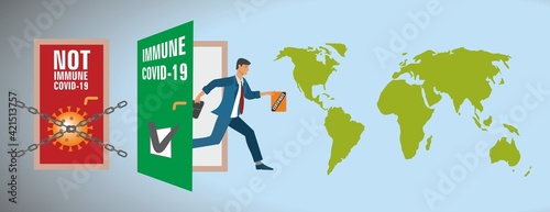 Vaccine passport. Door open to the world for people with proven certificate immunization Corona virus. Vector illustration. EPS10.