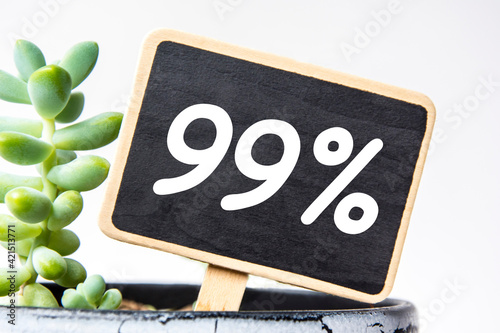 small black chalk board in a pot with succulents inscribed in white letters word 99 percent. business concept, stable growth