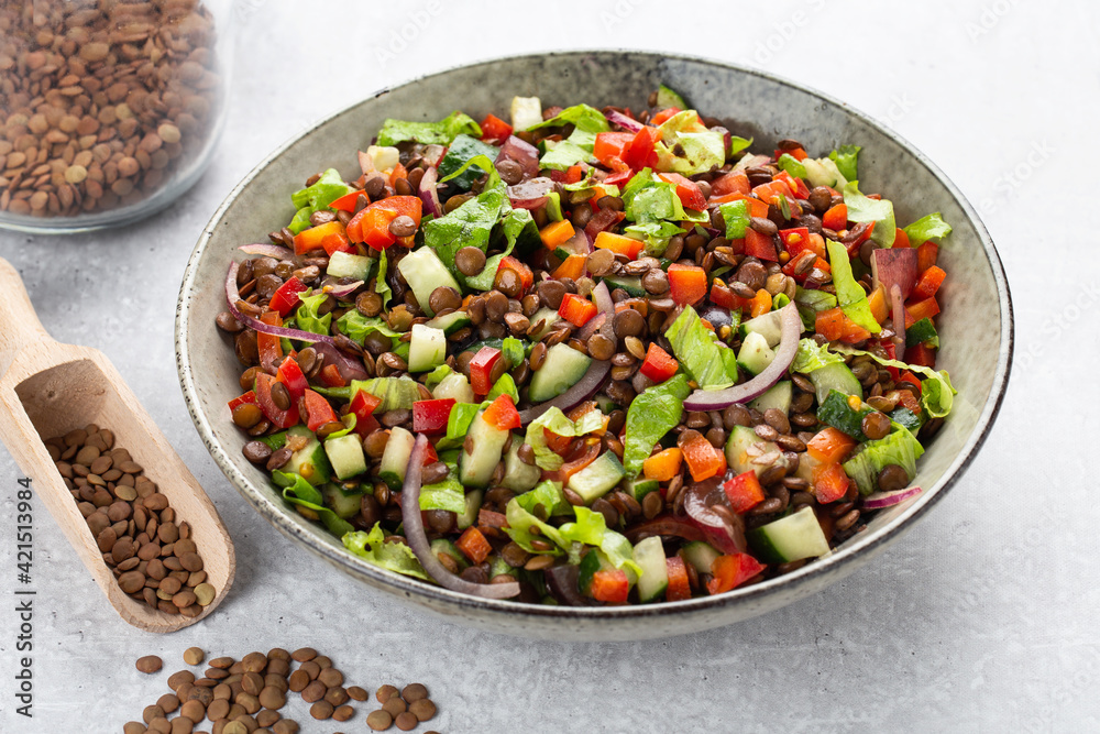salad with lentils and vegetables in a deep plate on a gray background, vegetarian food salad with lentils and vegetables in a deep plate on a gray background, vegetarian food