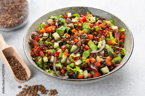 salad with lentils and vegetables in a deep plate on a gray background, vegetarian food