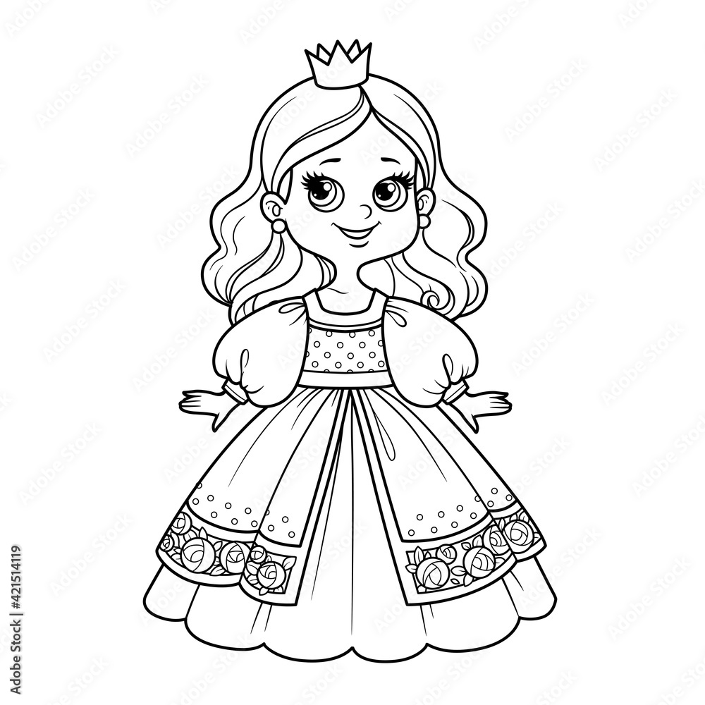 Cute cartoon princess girl in ball gown and little crown outline for coloring on a white background Cute cartoon princess girl in ball gown and little crown outline for coloring on a white background