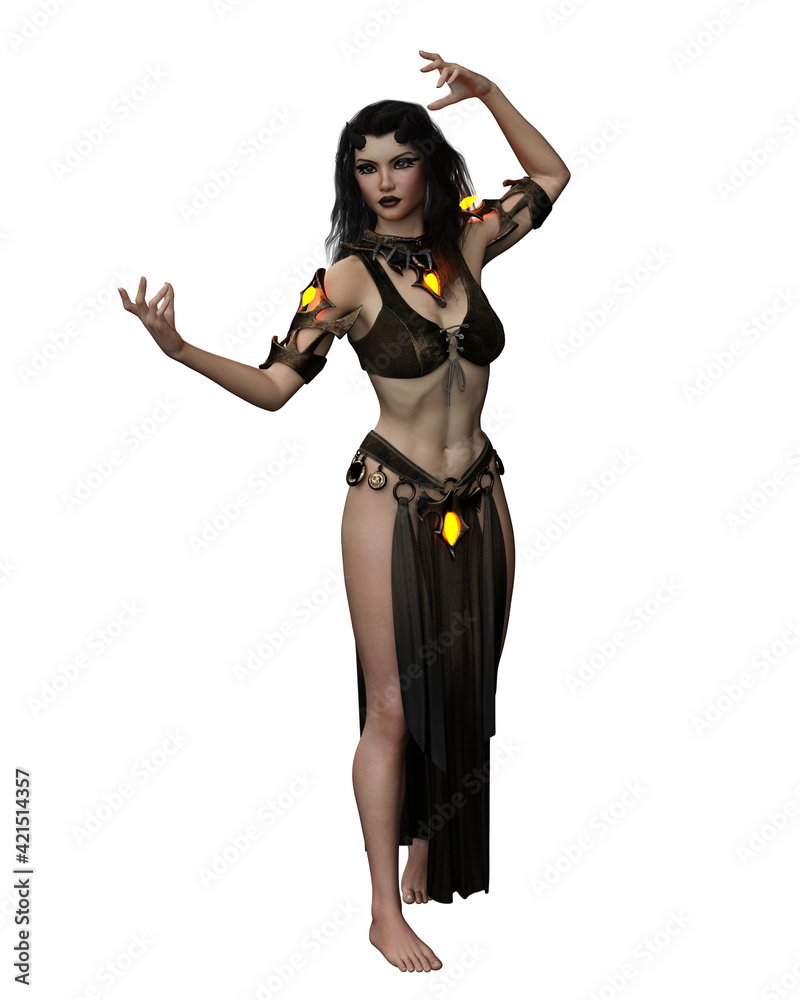 Beautiful demon woman casting spell. 3D illustration isolated on white background. Beautiful demon woman casting spell. 3D illustration isolated on white background.