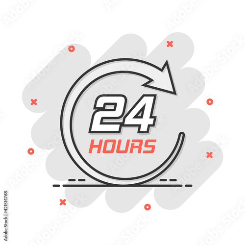 Vector cartoon twenty four hour clock icon in comic style. 24/7 service time concept illustration pictogram. Around the clock business splash effect concept.