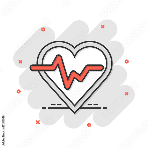 Vector cartoon heartbeat line with heart icon in comic style. Heartbeat concept illustration pictogram. Heart rhythm business splash effect concept.