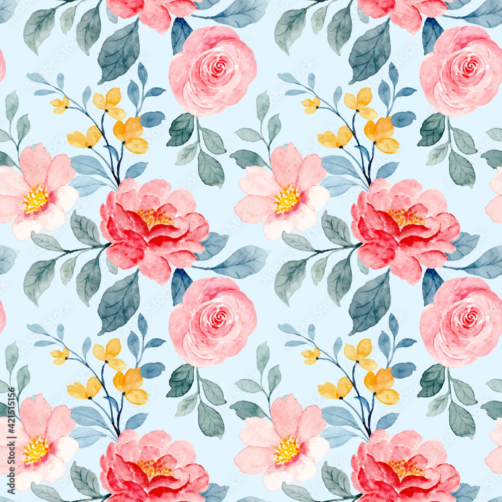 Red and pink flower watercolor seamless pattern