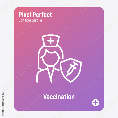 Coronavirus vaccination for medical staff. Virus protection: nurse is protected by shield with vaccine. Immune system. Thin line icon. Pixel perfect, editable stroke. Vector illustration.
