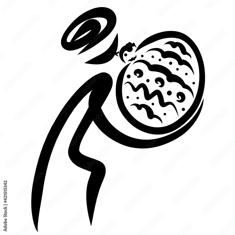 man carries a large decorated egg, a hatched chick kisses him man carries a large decorated egg, a hatched chick kisses him