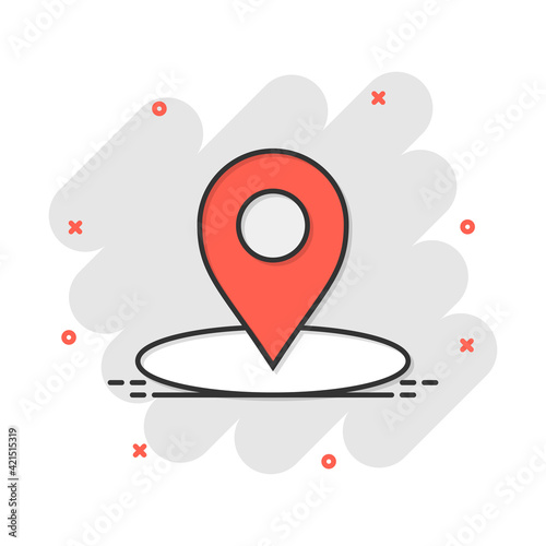Vector cartoon map pointer icon in comic style. Gps navigation mark illustration pictogram. Pointer destination business splash effect concept.