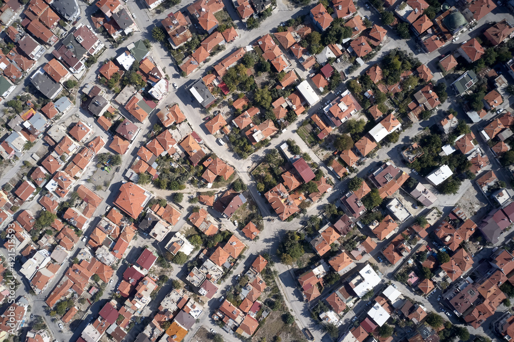 Aerial view of city building roofs. Travel to Europe.