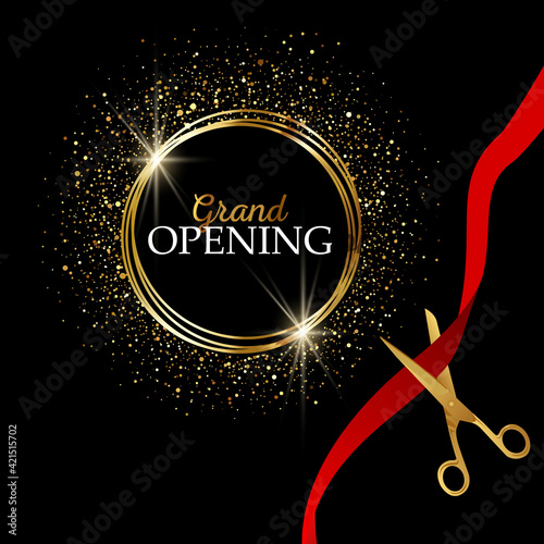 Grand opening design with ribbon, balloons and gold scissors, confetti. Vector illustration
