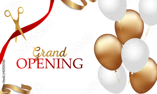 Grand opening design with ribbon, balloons and gold scissors, confetti. Vector illustration