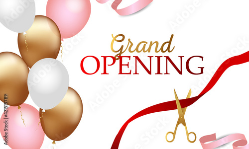 Grand opening design with ribbon, balloons and gold scissors, confetti. Vector illustration