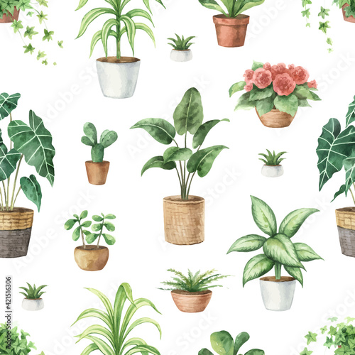 Watercolor vector seamless pattern of indoor green plants in pots.