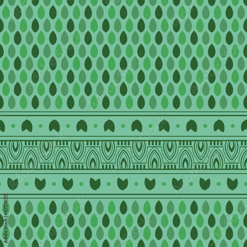 Dark background with stylized leaves and decorative border.