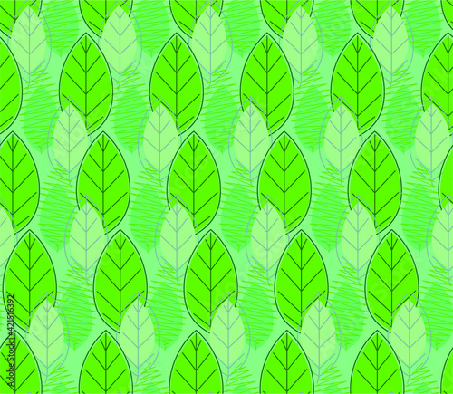 Spring seamless pattern with green stylized leaves.