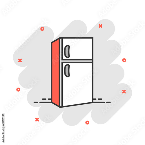 Fridge refrigerator icon in comic style. Freezer container vector cartoon illustration pictogram. Fridge business concept splash effect.