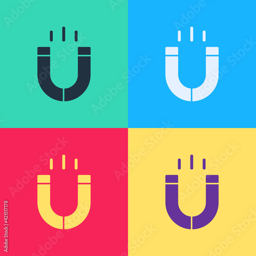 Pop art Magnet icon isolated on color background. Horseshoe magnet, magnetism, magnetize, attraction. Vector