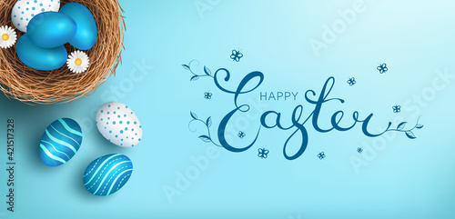 Easter eggs in bird's nest on blue background, vector poster or banner, easter day greeting card, lettering happy easter, elements for design.