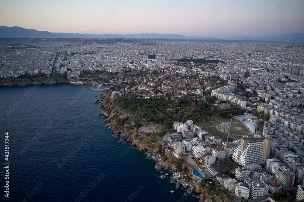 Aerial panoramic view of beautiful seaside town.