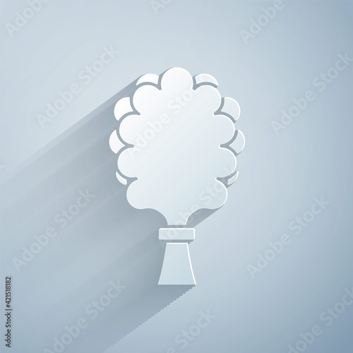 Paper cut Sauna broom icon isolated on grey background. Broom from birch twigs, branches for Russian steam bath, sauna, washhouse. Paper art style. Vector